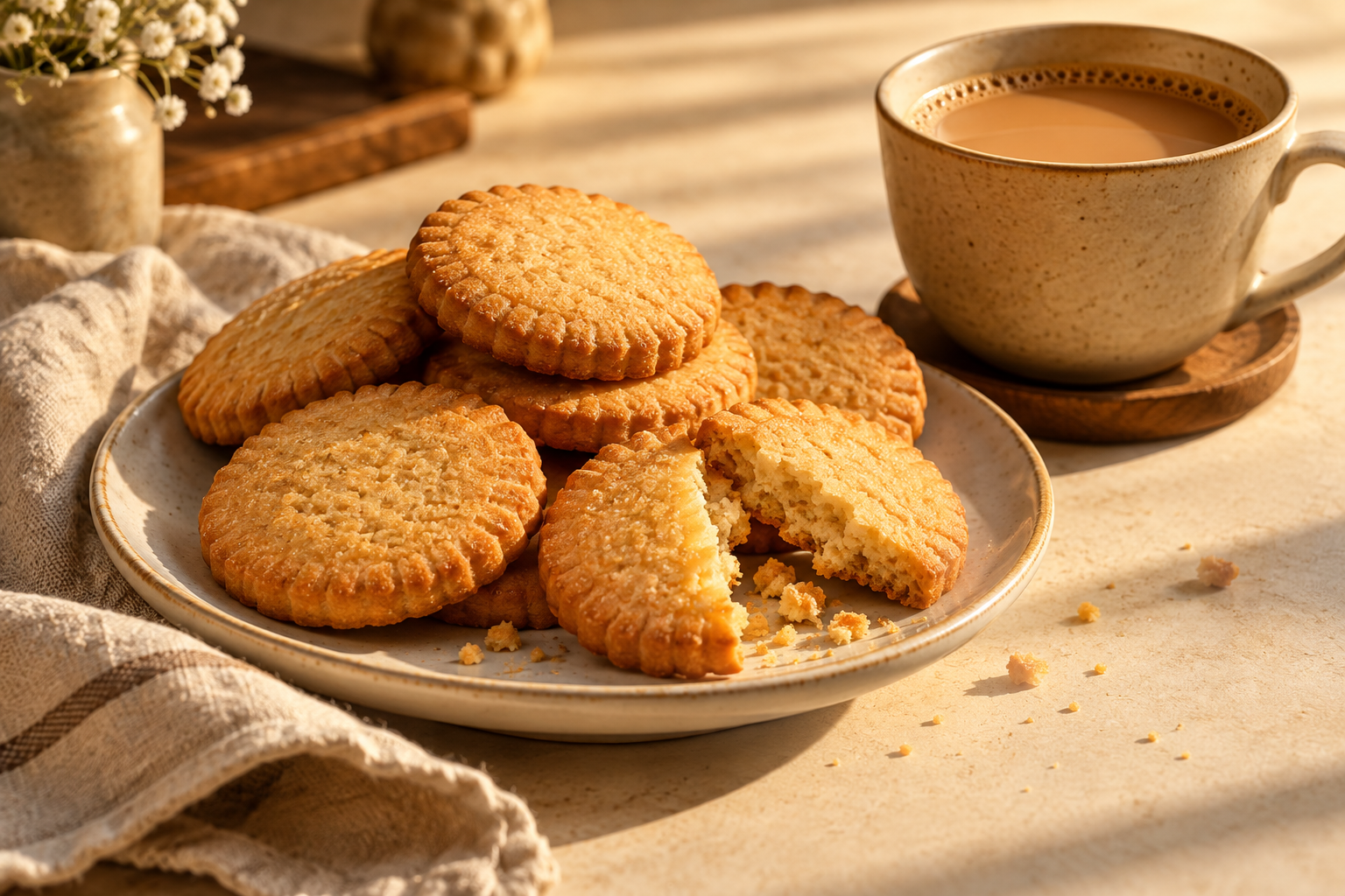 Golden butter biscuits beside a cup of tea in warm morning light
